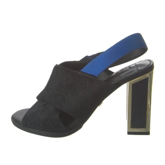 Kat Maconie Black Pony Hair Slingback Heels Gold Block Heel Blue Strap Sz 38 / 7 - Picture 2 of 14